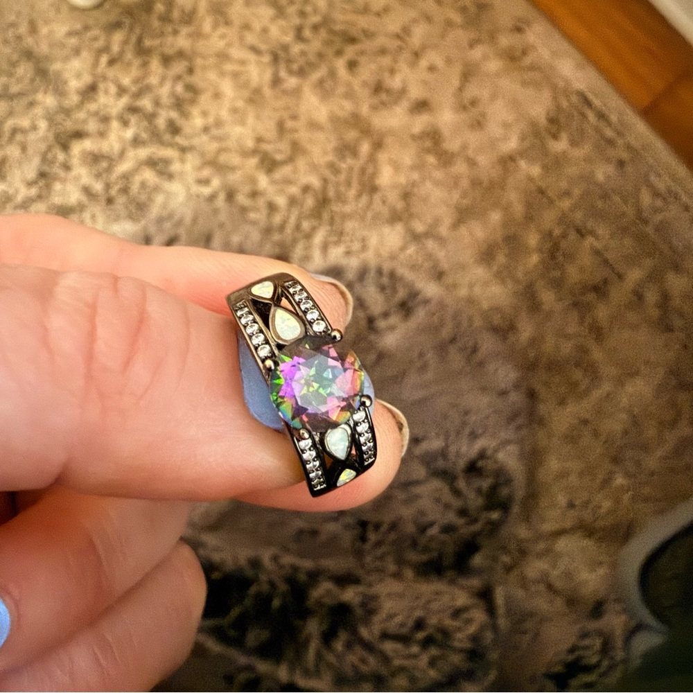 Elegant Topaz and Opal Crystal Black Gold Plated Ring